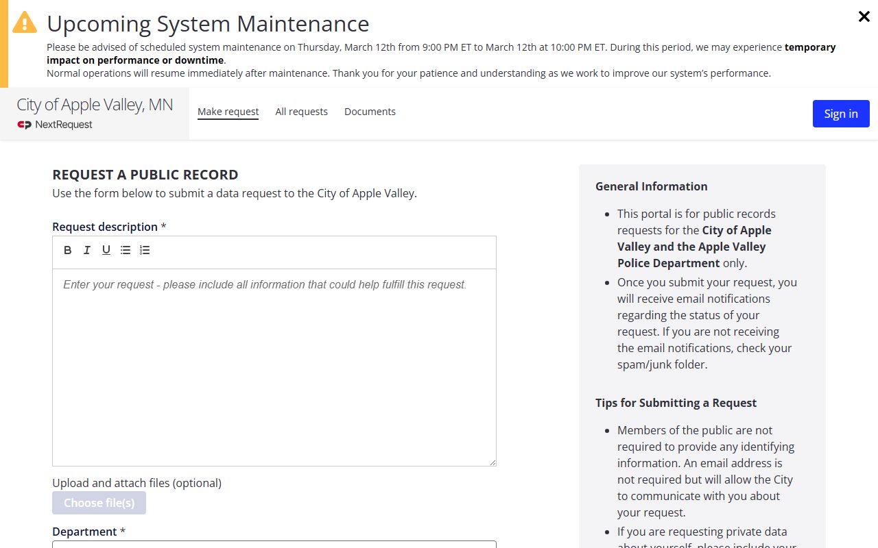 Apple Valley NextRequest portal for 72 hour booking records