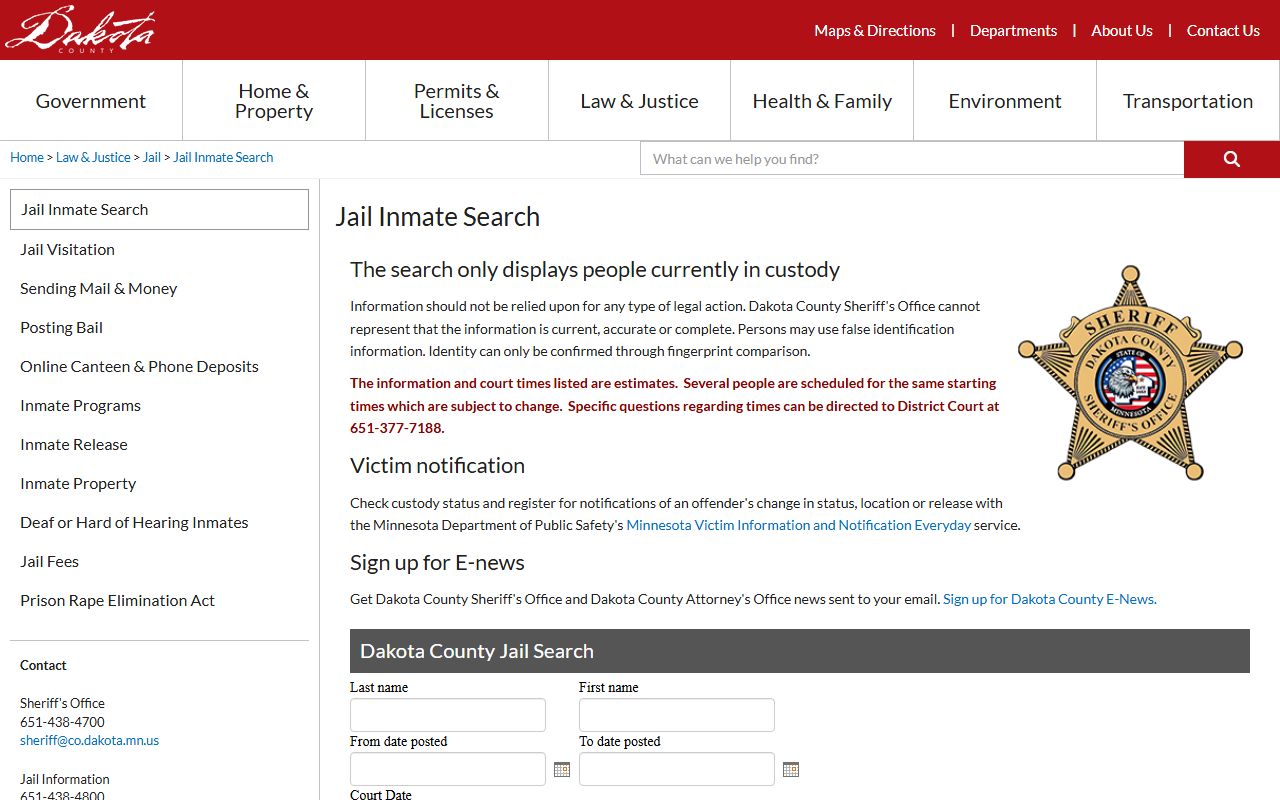 Dakota County 72 hour booking inmate search page