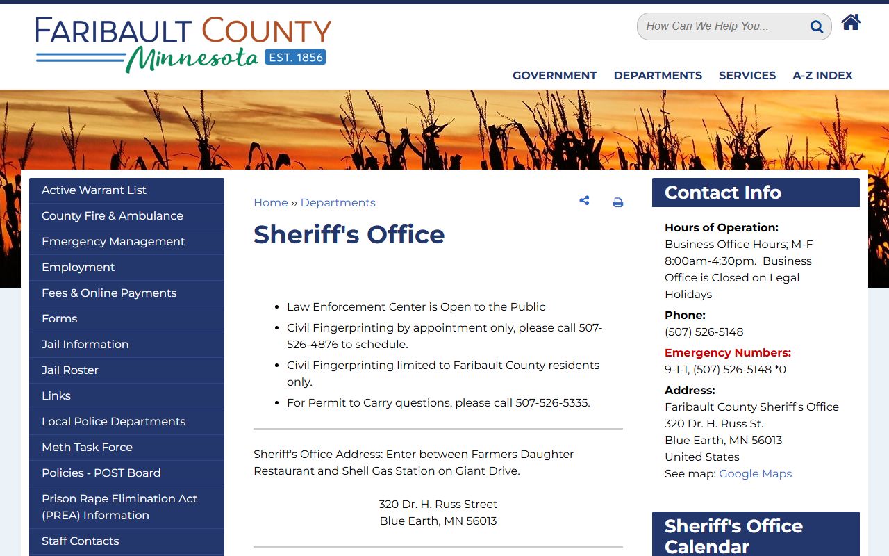Faribault County Sheriff's Office 72 hour booking page