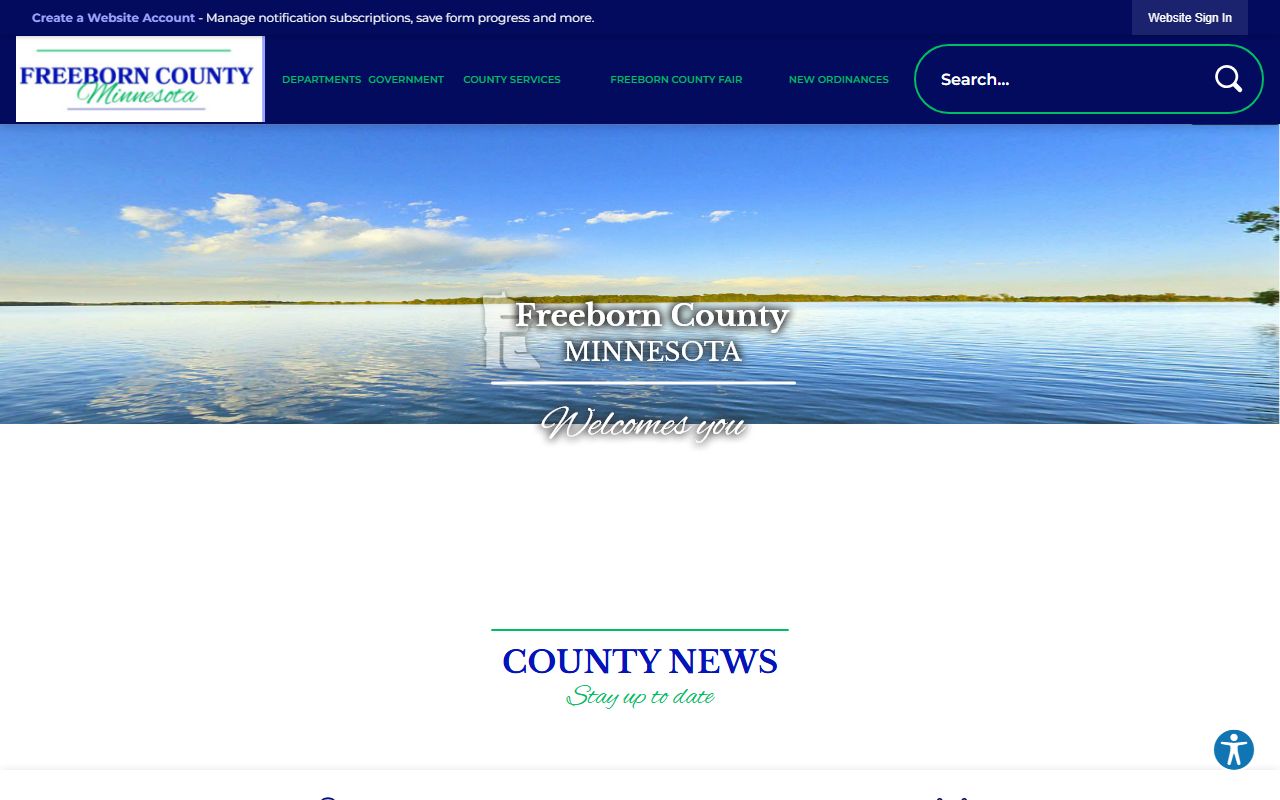 Freeborn County homepage with 72 hour booking links