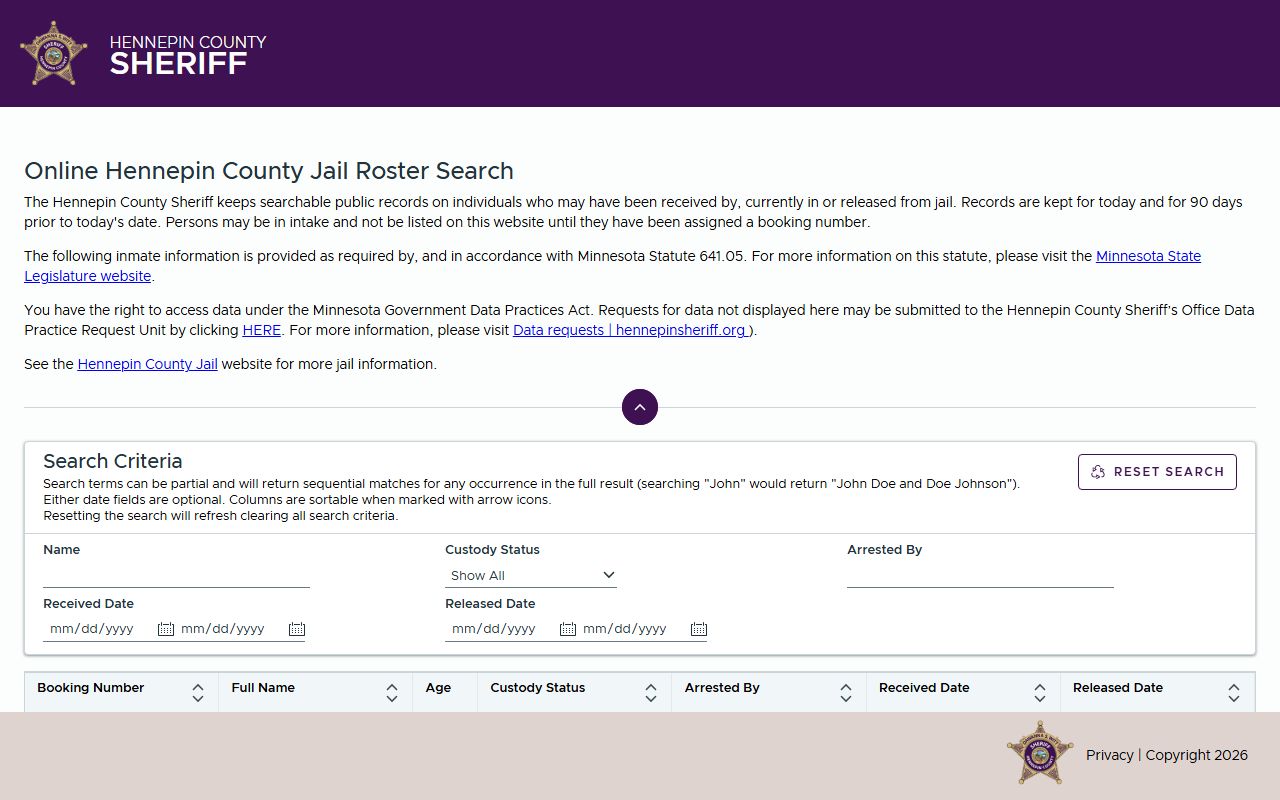 Hennepin County jail roster 72 hour booking search