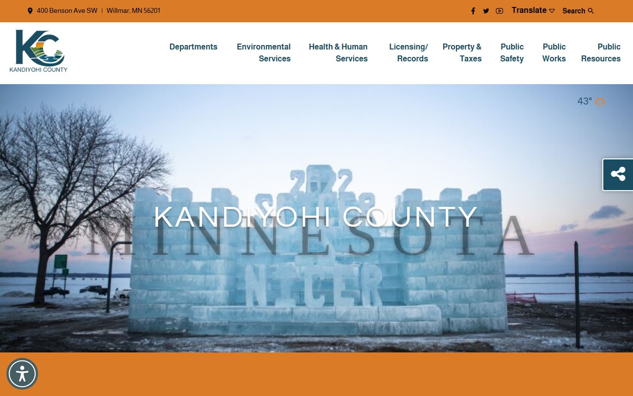 Kandiyohi County homepage with 72 hour booking info
