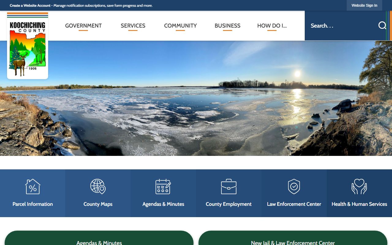 Koochiching County homepage with 72 hour booking information