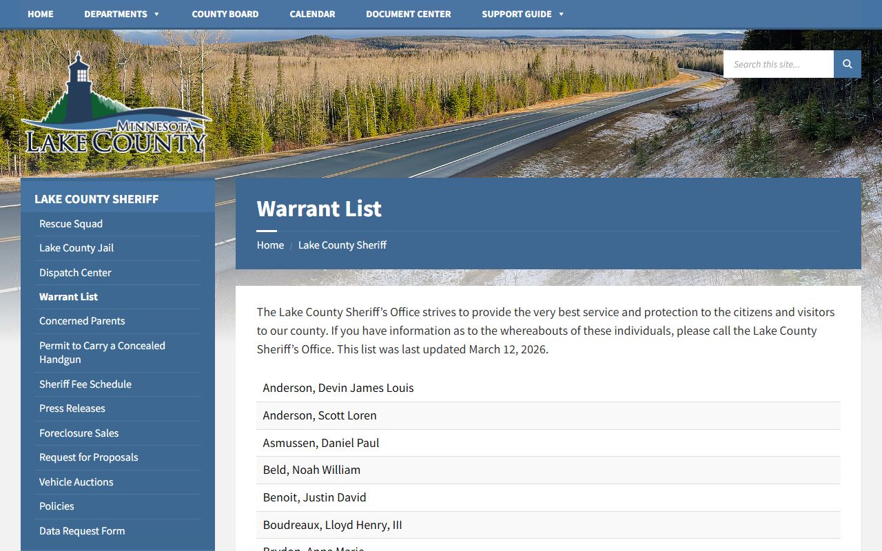 Lake County warrant list for 72 hour booking lookups