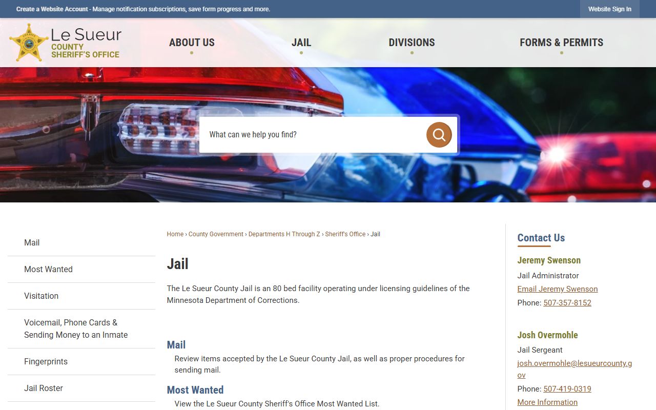 Le Sueur County Jail 72 hour booking page