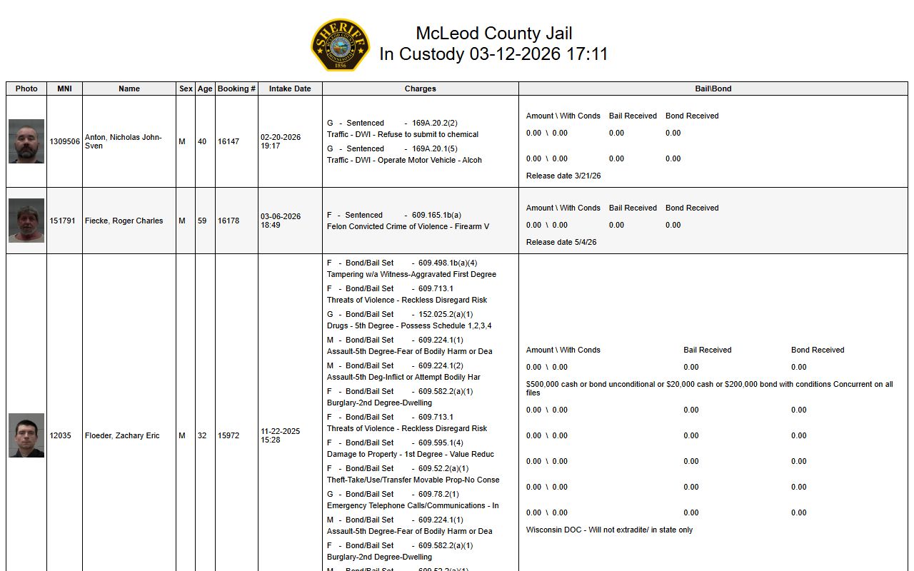 McLeod County in custody roster 72 hour booking
