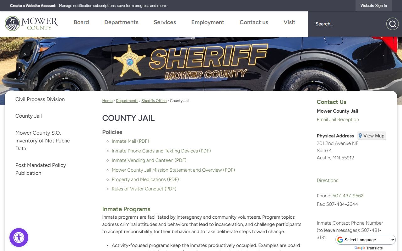 Mower County Jail 72 hour booking page