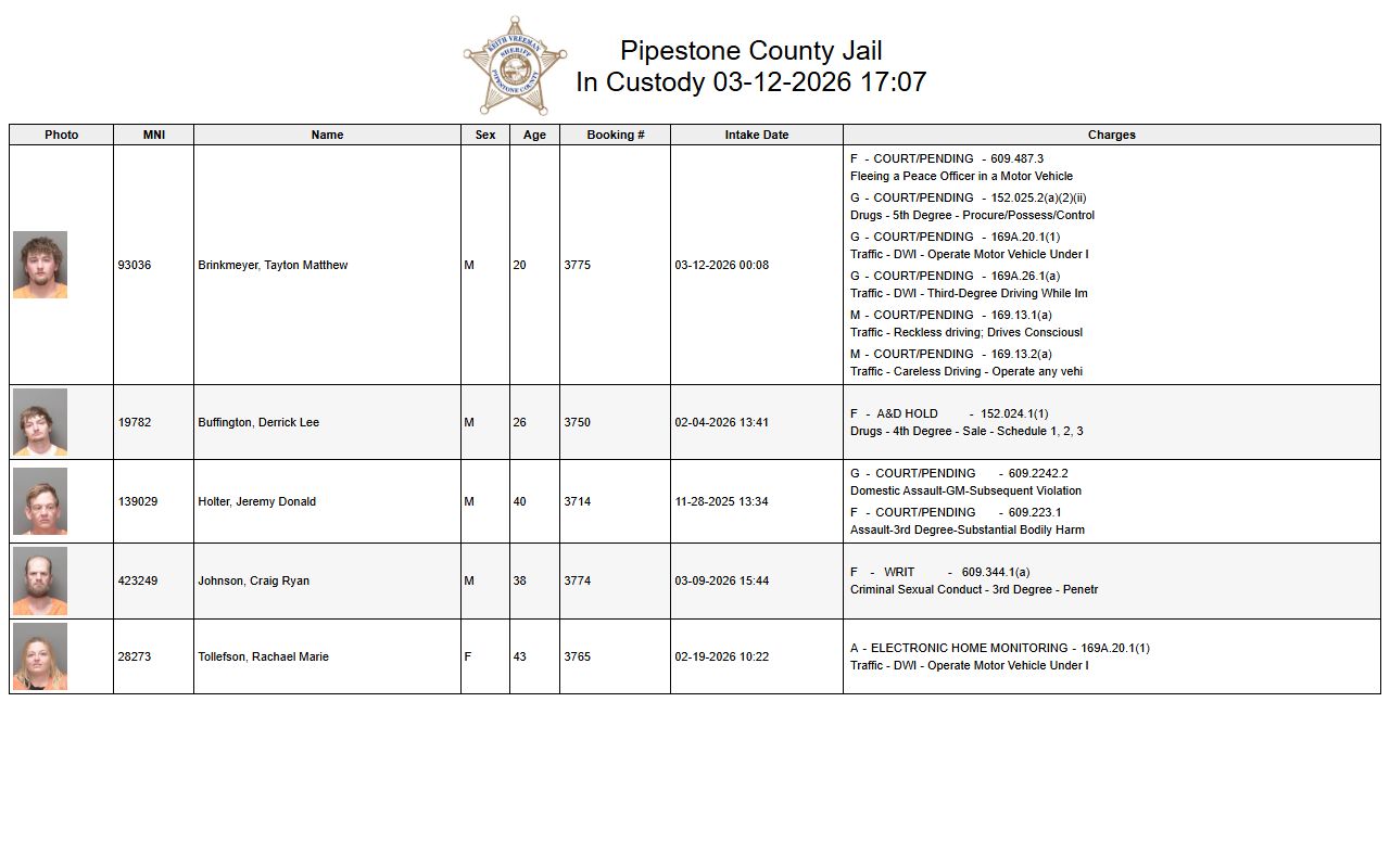 Pipestone County 72 hour booking custody roster