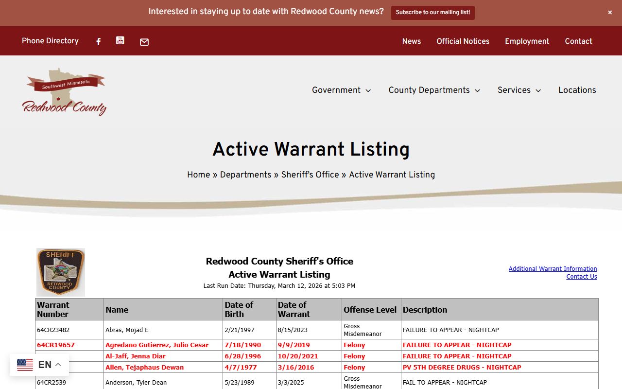 Redwood County 72 hour booking active warrants