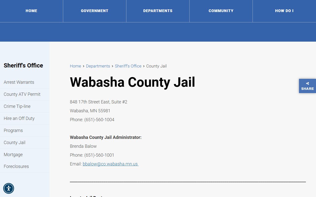 Wabasha County 72 hour booking jail page