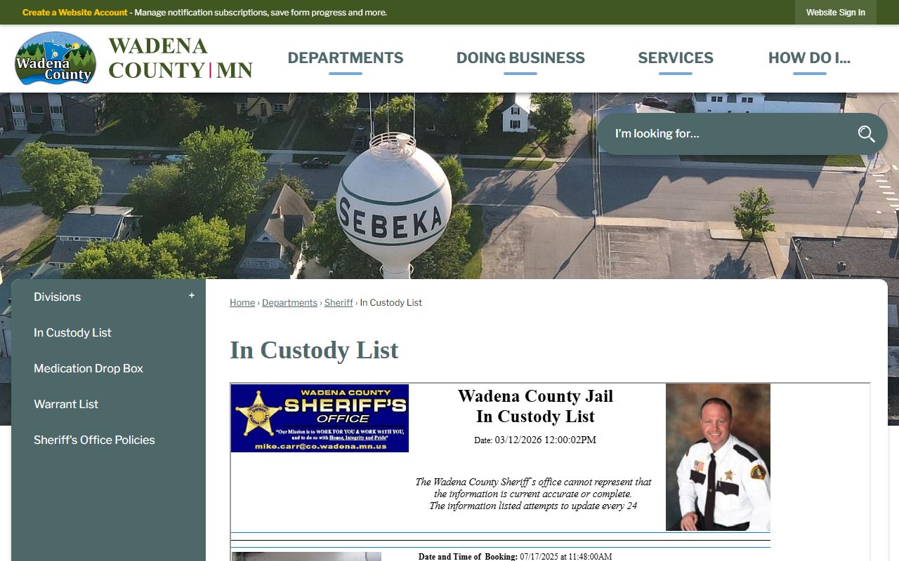 Wadena County in custody list showing 72 hour booking records
