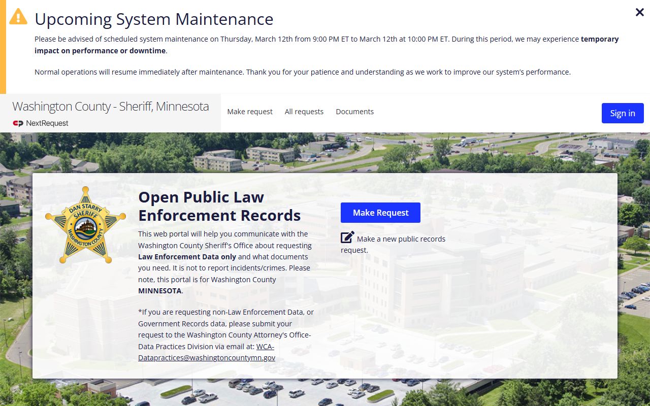 Washington County NextRequest portal for 72 hour booking data requests