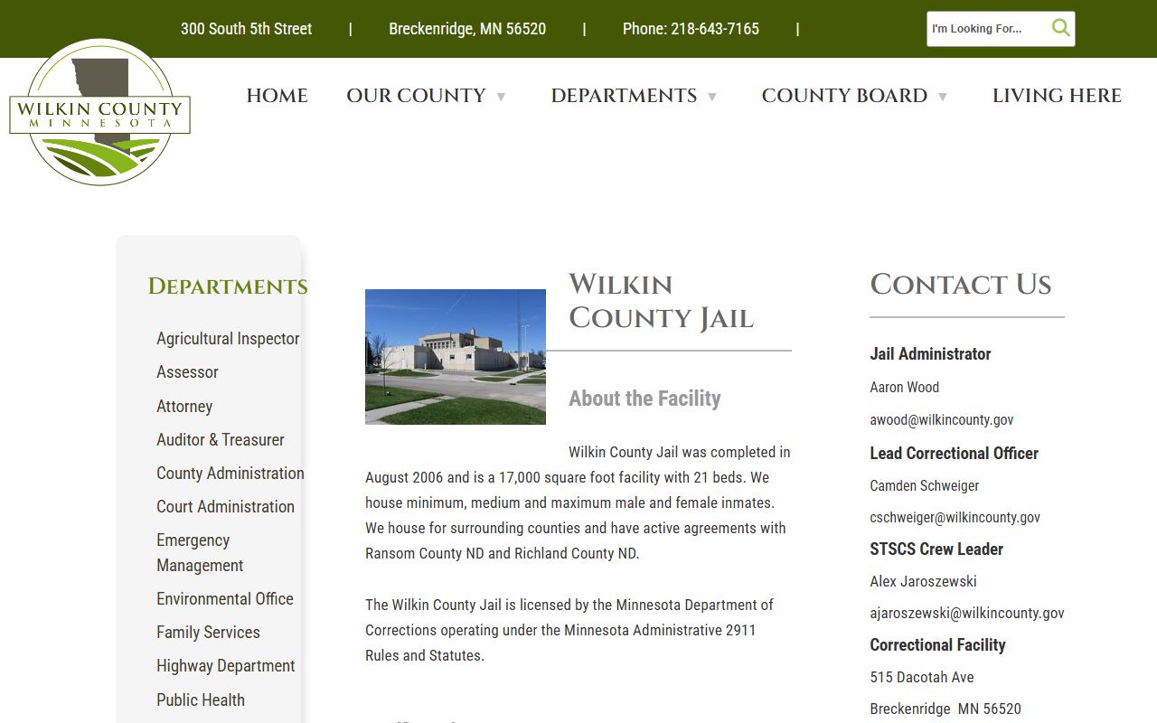 Wilkin County Jail page with 72 hour booking facility details