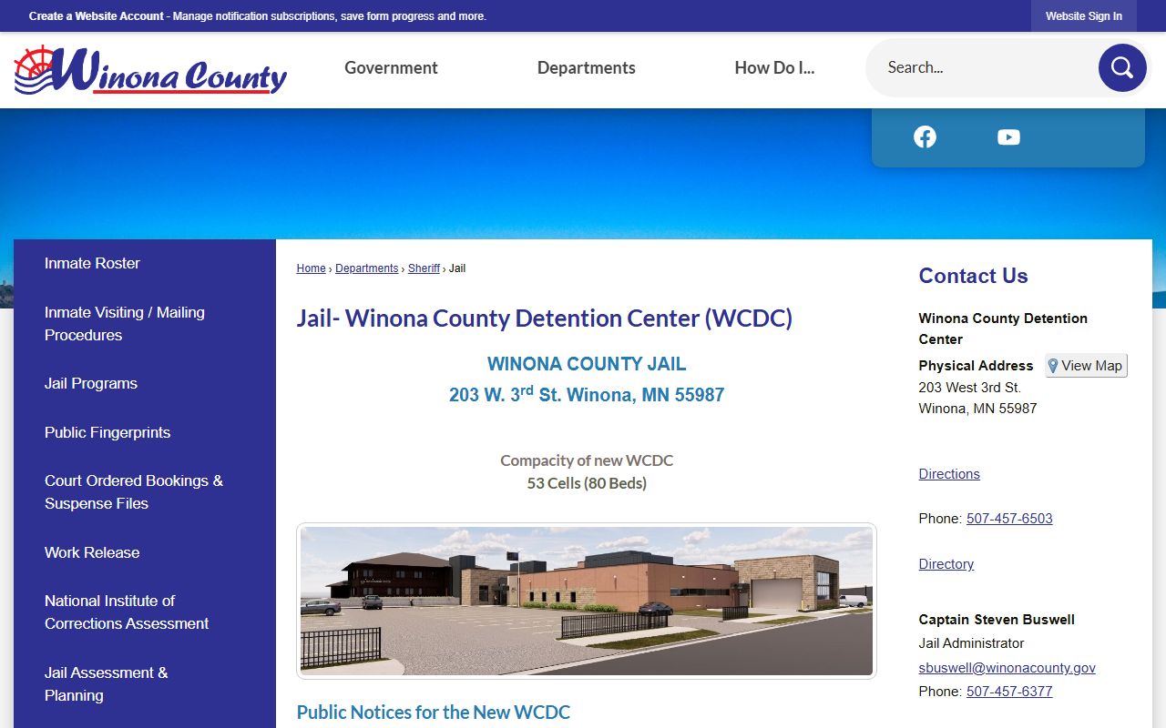 Winona County Jail page for 72 hour booking lookups
