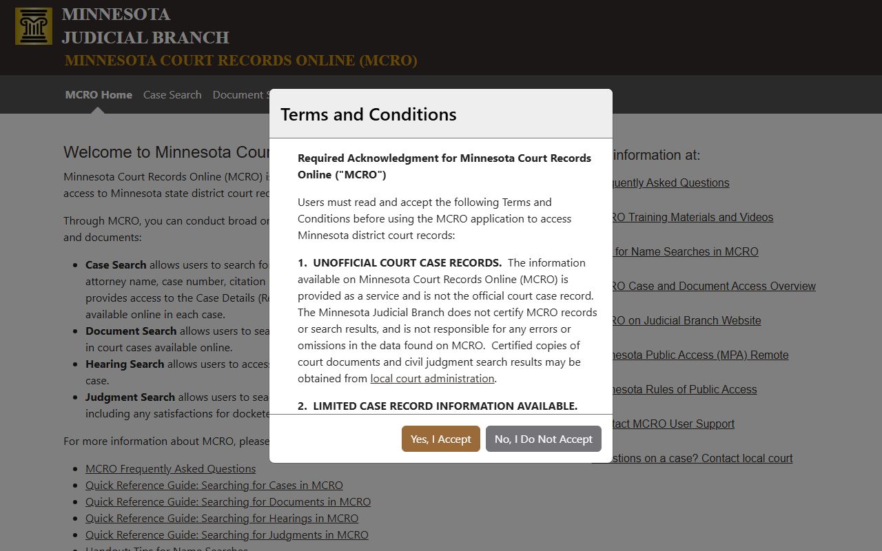 Minnesota Court Records Online MCRO for booking case search