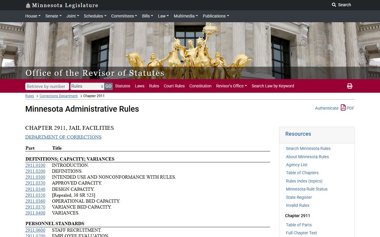 Minnesota Rules Chapter 2911 jail standards for 72 hour booking