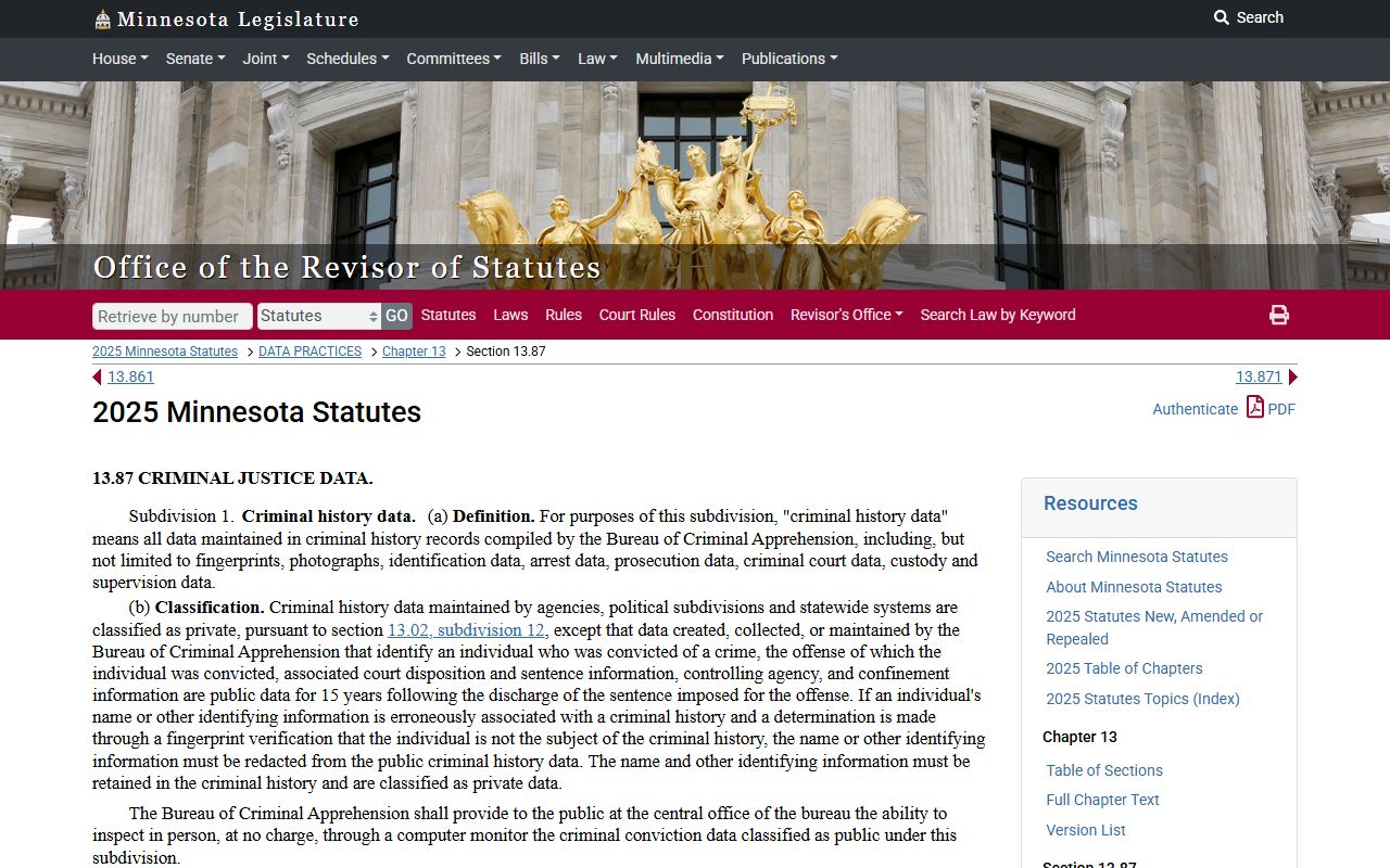 Minnesota Statute 13.87 criminal justice data for booking records
