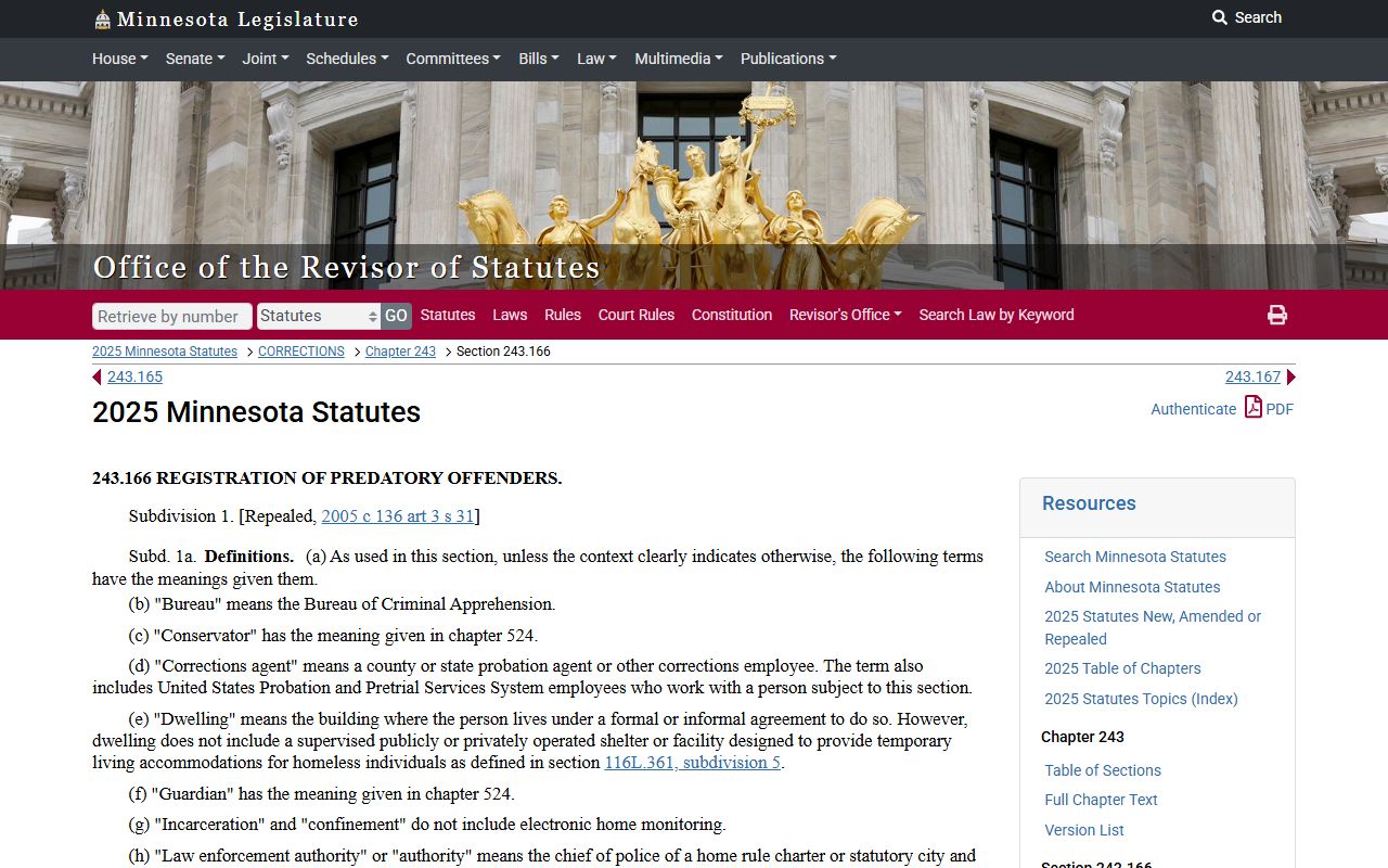 Minnesota Statute 243.166 offender registration and booking