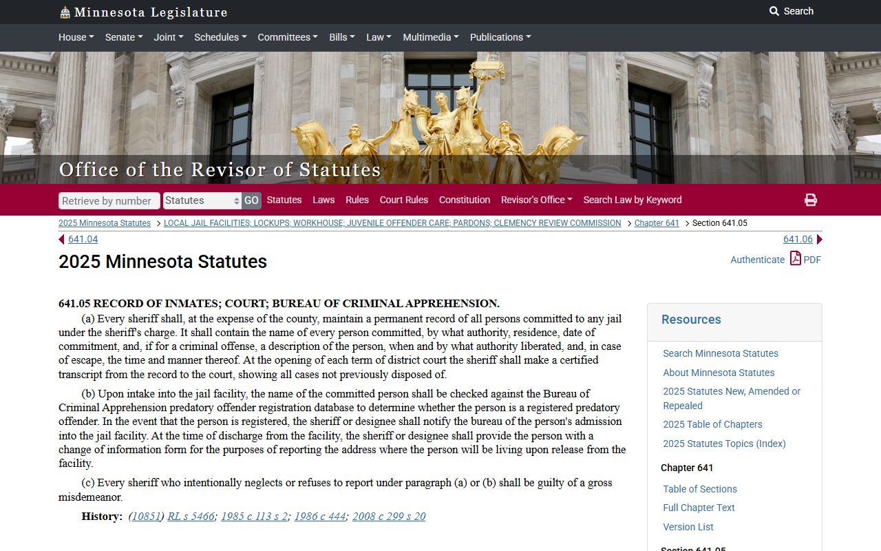 Minnesota Statute 641.05 jail inmate record requirements